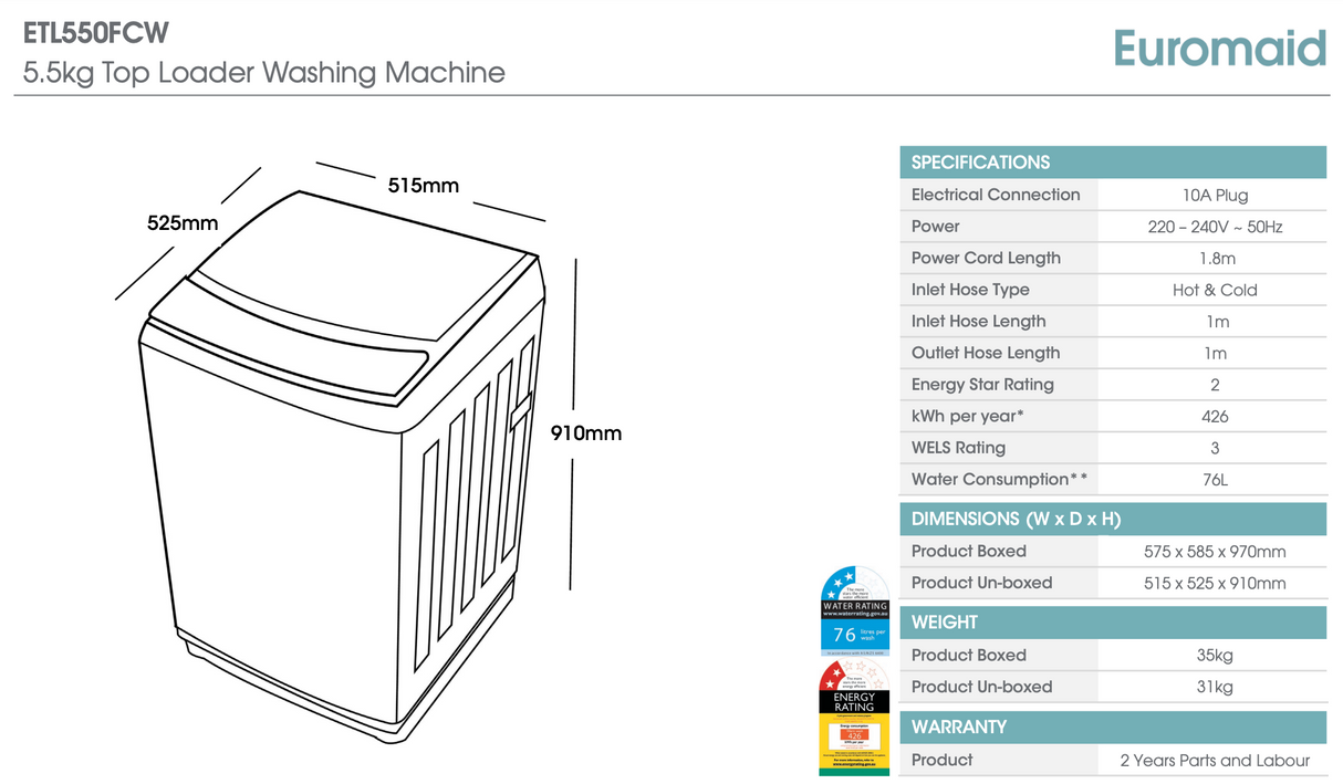 Euromaid ETL550FCW 5.5kg White Top Load Washing Machine - Ex Display Discount