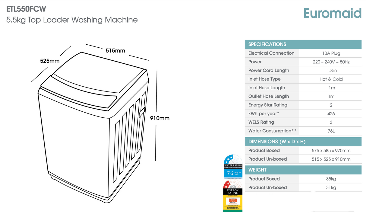 Euromaid ETL550FCW 5.5kg White Top Load Washing Machine
