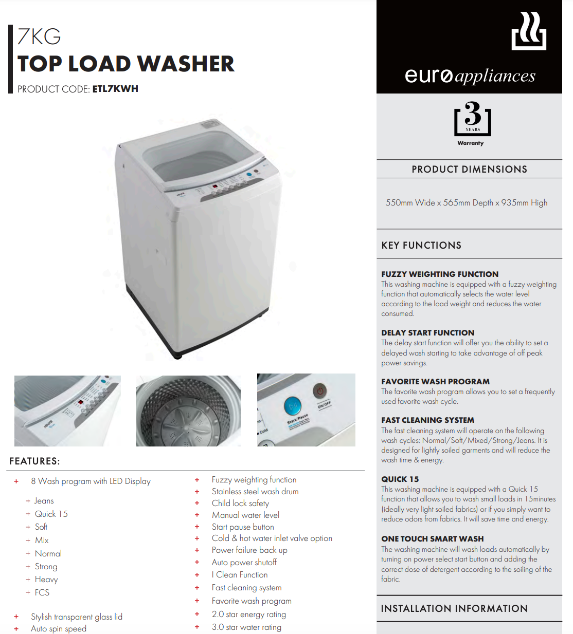 Euro Appliances ETL7KWH 7kg Top Load Washing Machine