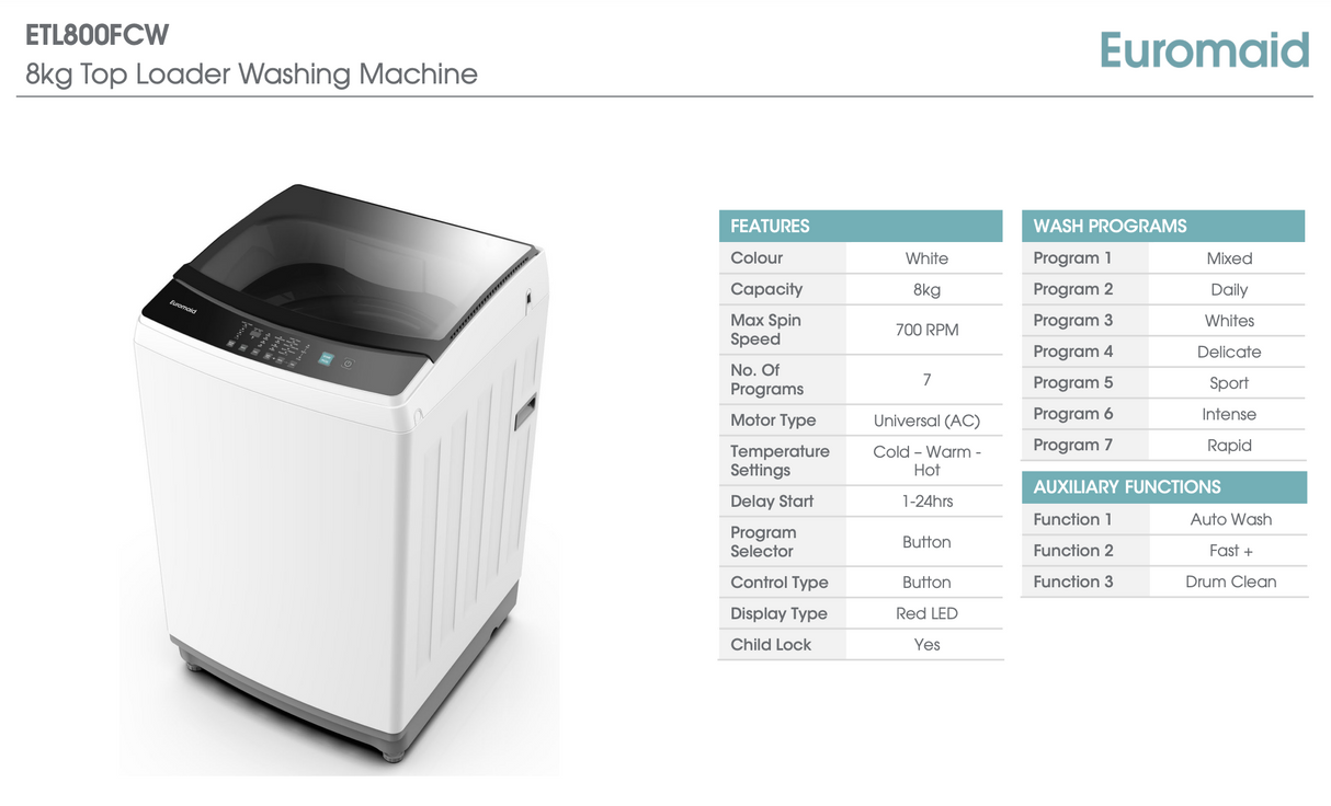Euromaid ETL800FCW 8kg White Top Load Washing Machine