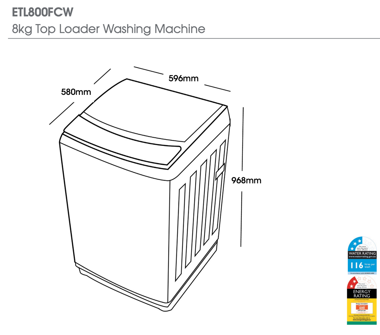 Euromaid ETL800FCW 8kg White Top Load Washing Machine