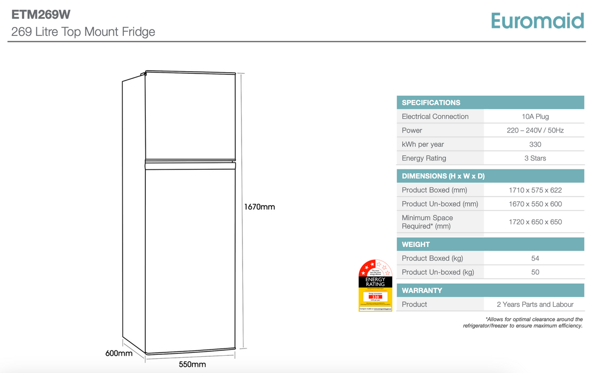 Euromaid 269L Stainless Steel Top Mount Fridge ETM269S - Euromaid Clearance Discount