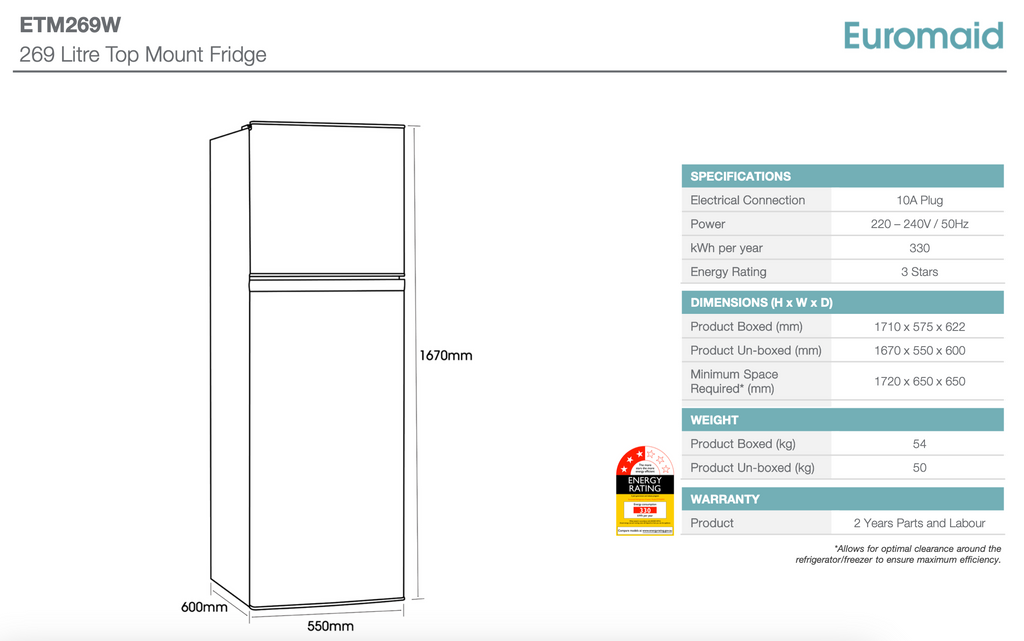 Euromaid 269L ETM269W White Finish Top Mount Fridge Euromaid Seconds