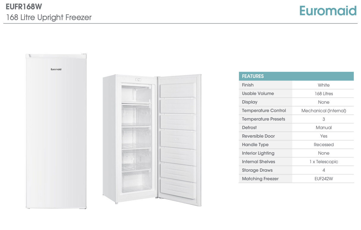 Euromaid EUFR168W 168L Upright Freezer - Online Only