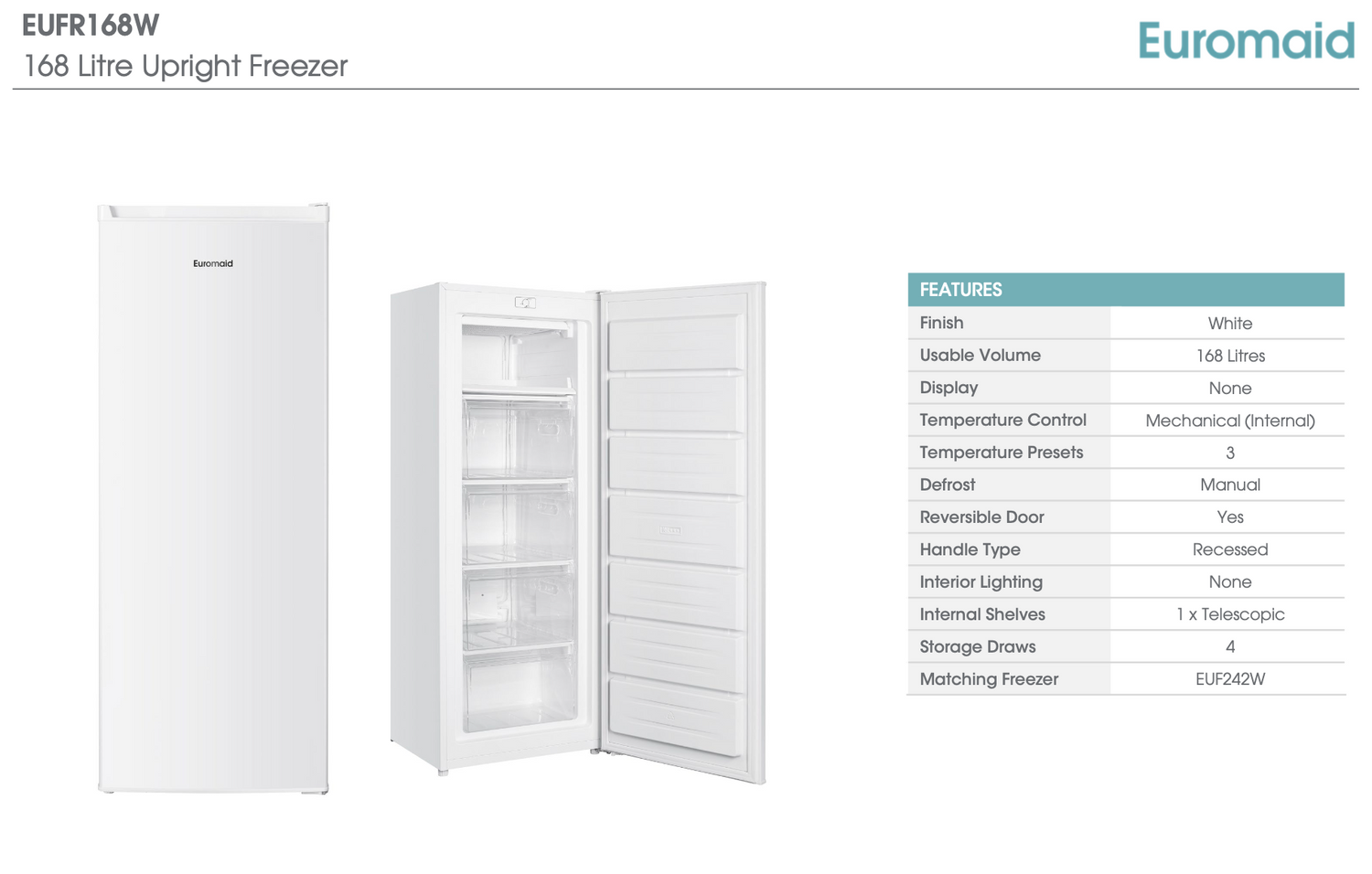 Euromaid EUFR168W 168L Upright Freezer - Online Only