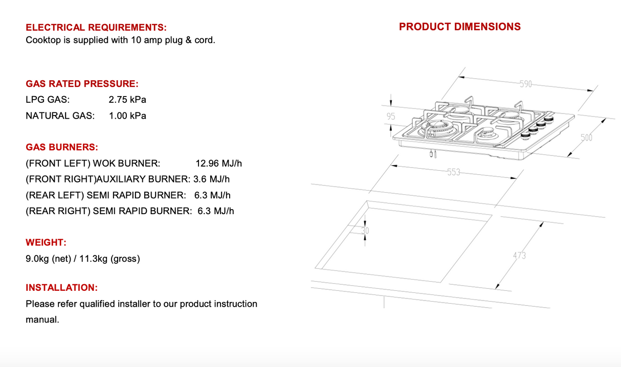 Euro Appliances EV3WCTSFD Stainless Steel Gas Cooktop