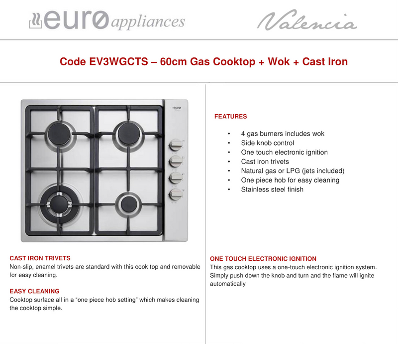 Euro Appliances EV3WGCTS Stainless Steel Gas Cooktop - Clearance Discount