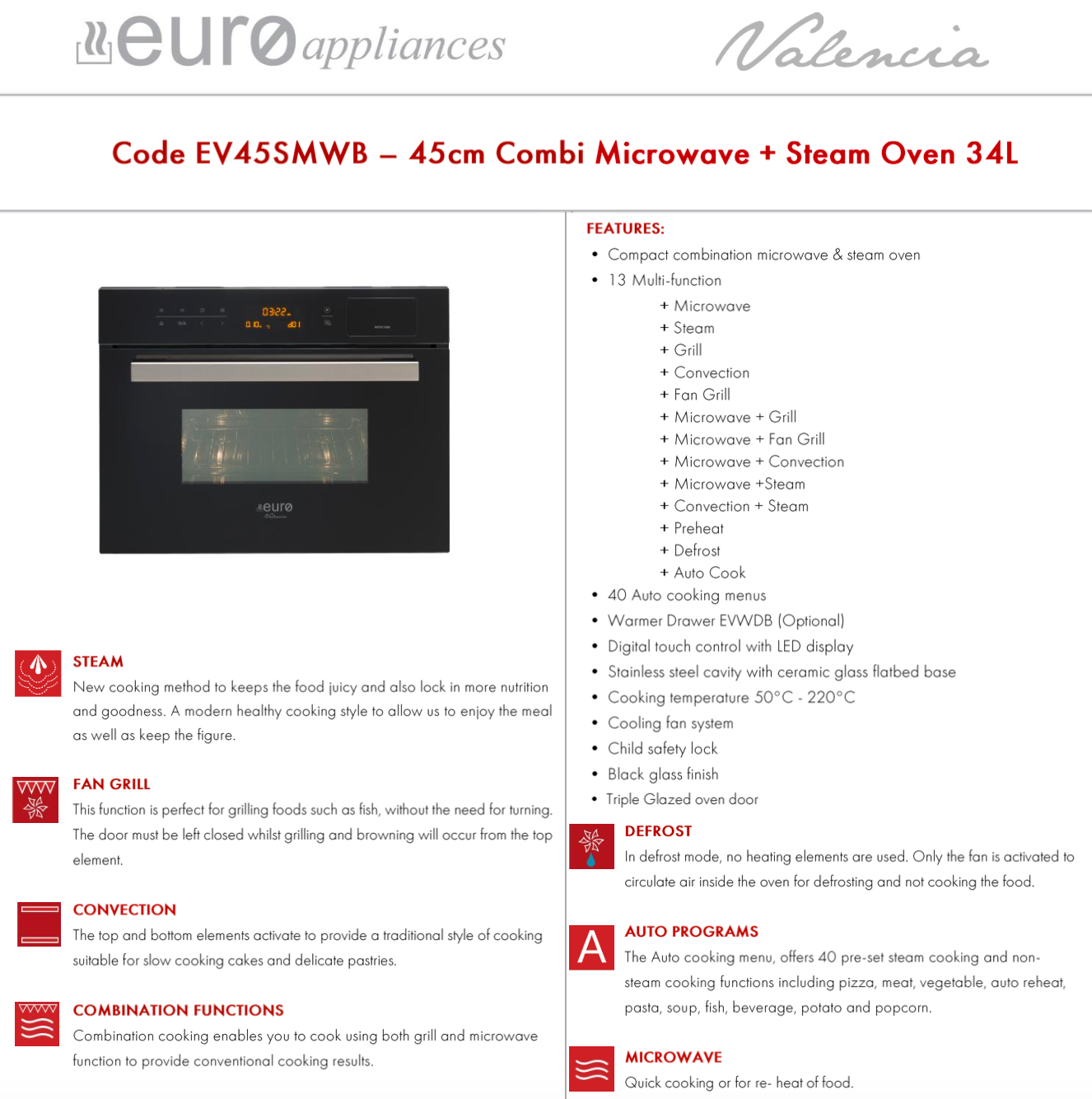 Euro EV45SMWB 45cm Combi Microwave and Steam Oven - Ex Display Discount