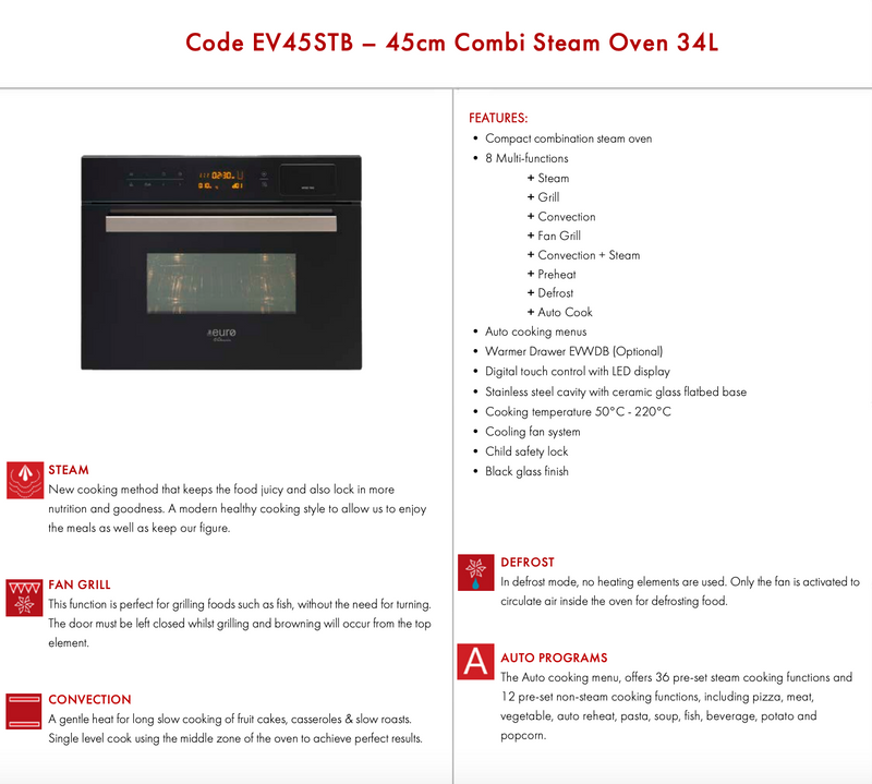 Euro Appliances EV45STB Combi Oven + Grill + Steam Oven - Clearance Discount