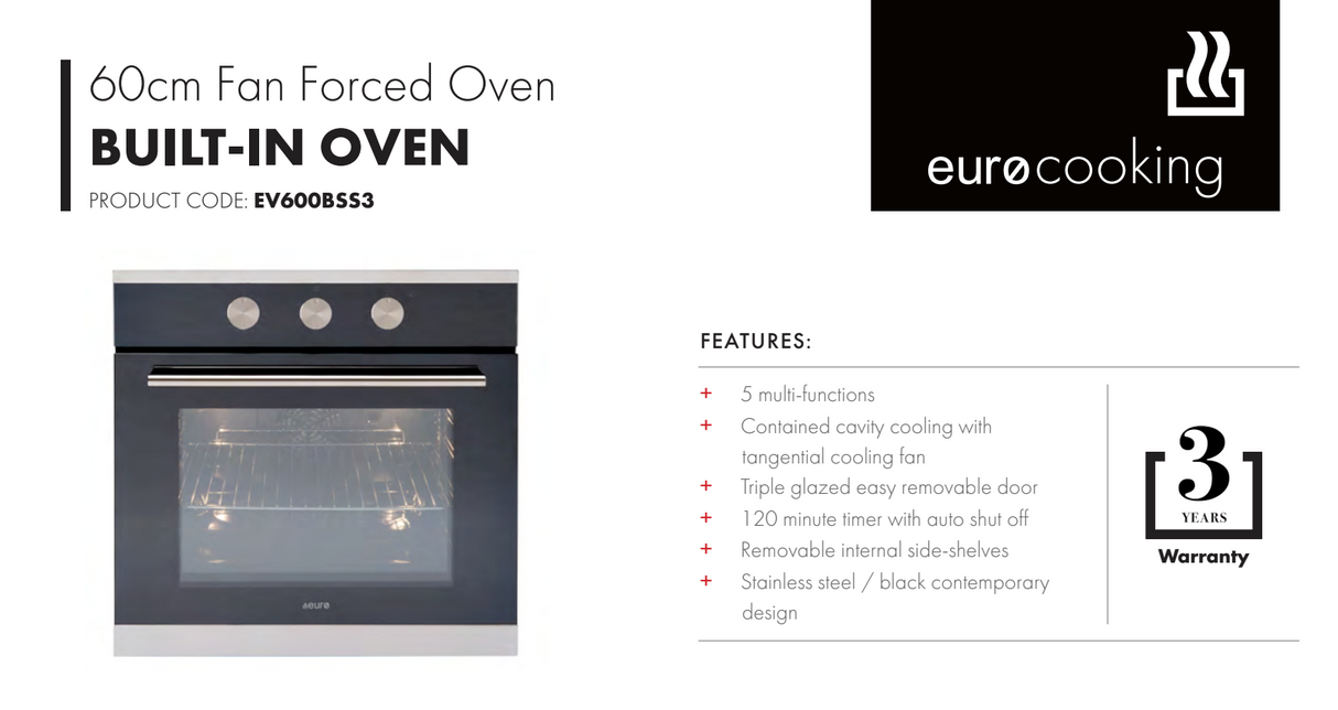 Euro Appliances EV600BSS3 60cm Fan Forced 5 Function Oven