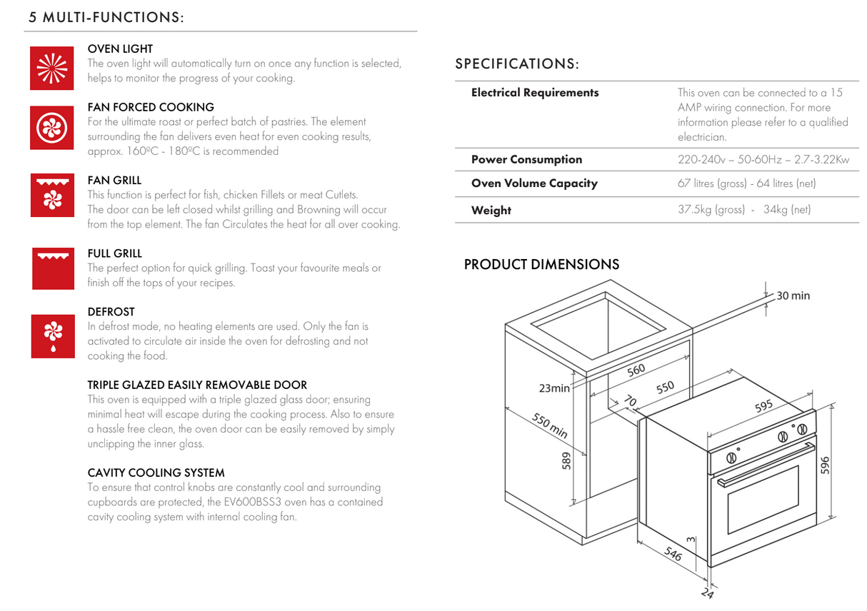 Euro Appliances EV600BSS3 60cm Fan Forced 5 Function Oven