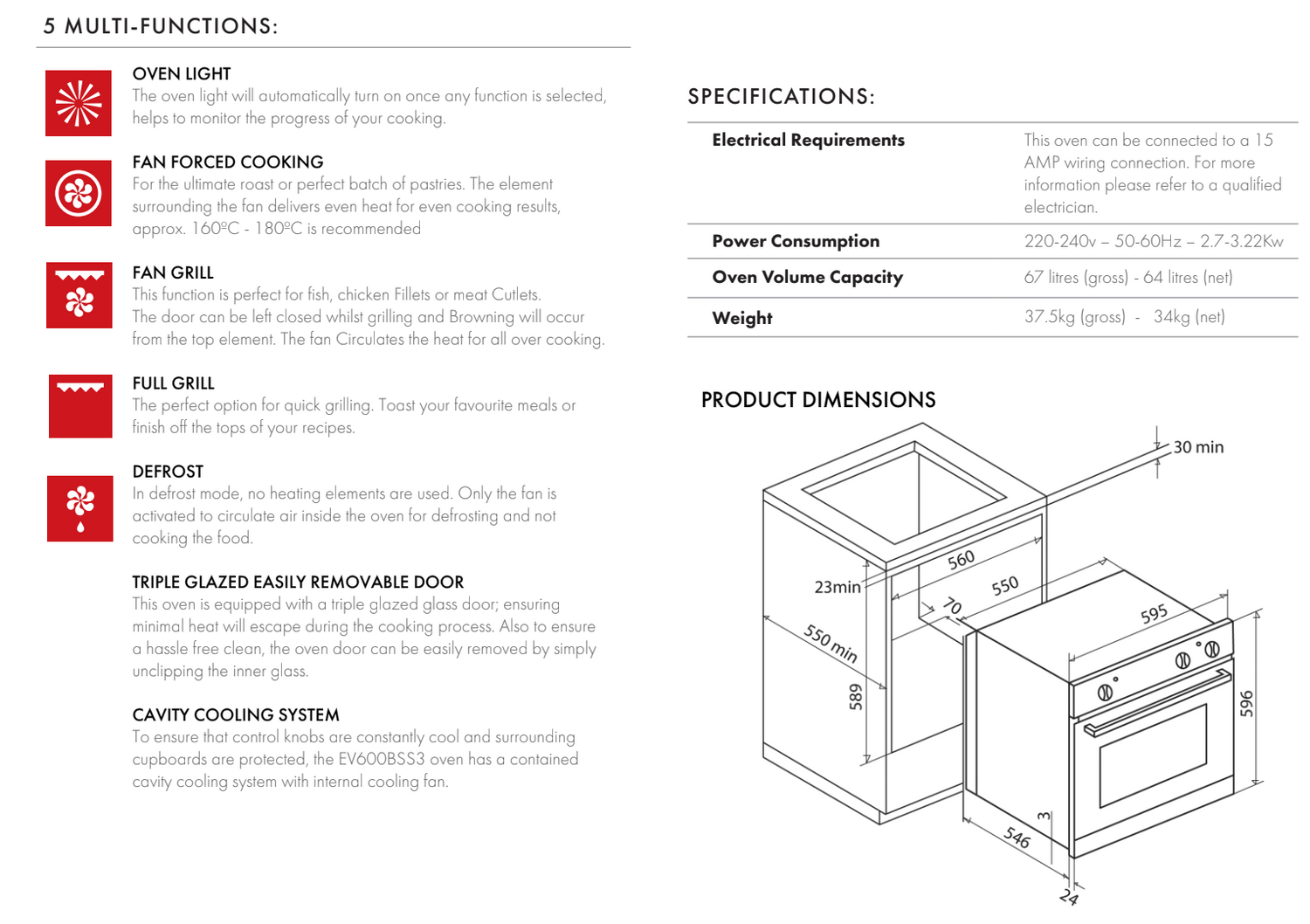 Euro Appliances EV600BSS3 60cm Fan Forced 5 Function Oven