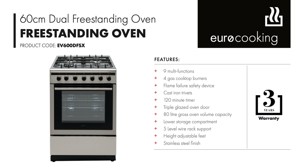 Euro Appliances EV600DFSX Freestanding 60cm Dual Fuel Stainless Steel Oven/Stove