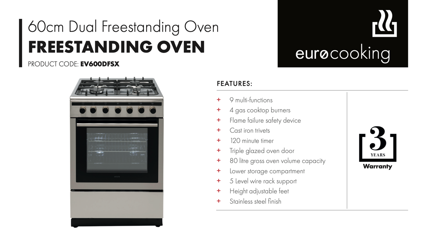 Euro Appliances EV600DFSX Freestanding 60cm Dual Fuel Stainless Steel Oven/Stove