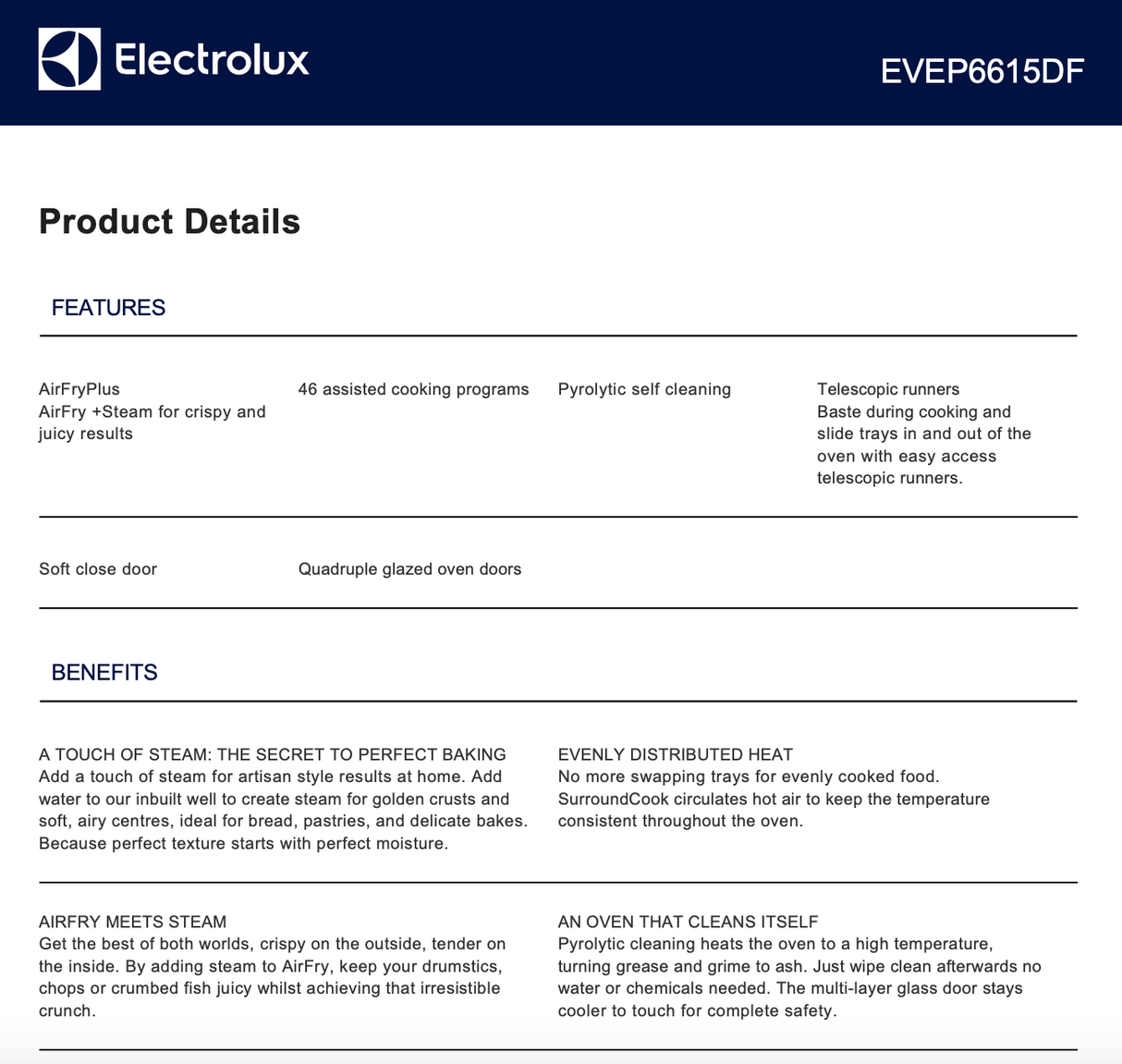 Electrolux EVEP6615DF 60cm Series 500 Pyrolytic Oven Dark Stainless Steel - Electrolux Factory Seconds