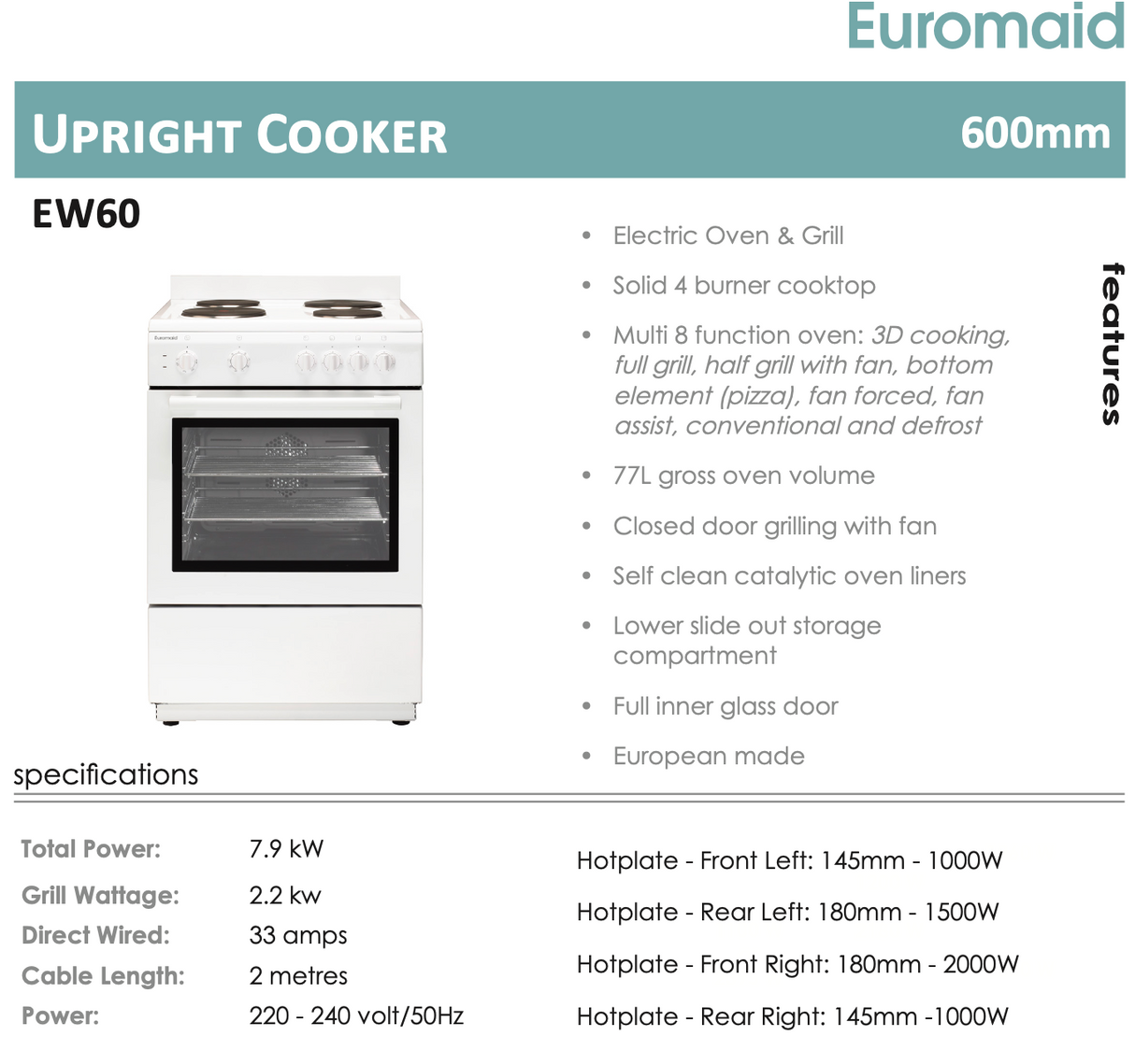 Euromaid EW60 60cm Electric Fan Forced Stove - Ex Display Discount