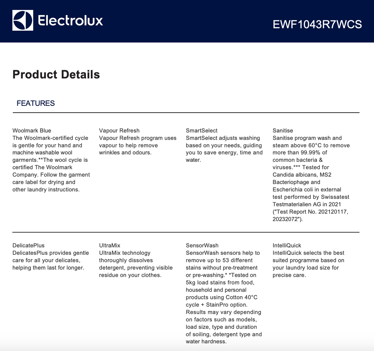 Electrolux EWF1043R7WCS 700 Series 10kg Front Load Washing Machine White - Electrolux Factory Seconds