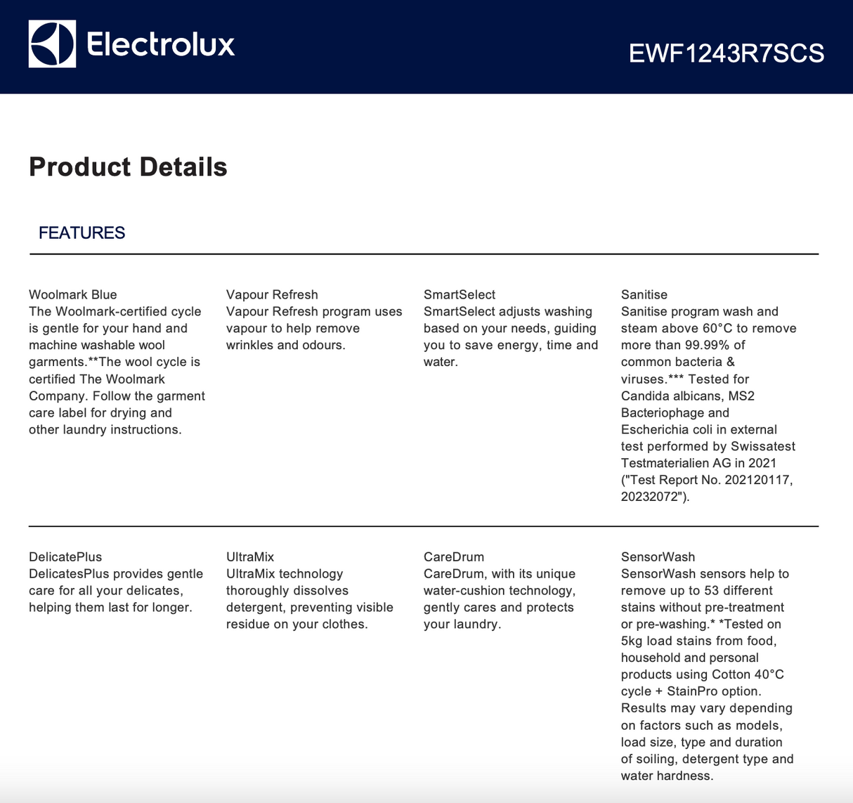 Electrolux EWF1243R7SCS 700 Series 12kg Front Load Washing Machine, Dark Onyx - Electrolux Factory Seconds