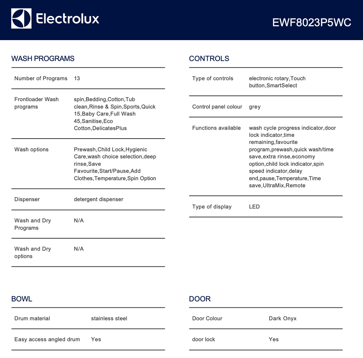 Electrolux EWF8023P5WC 8kg Front Load Washing Machine - Electrolux Factory Seconds