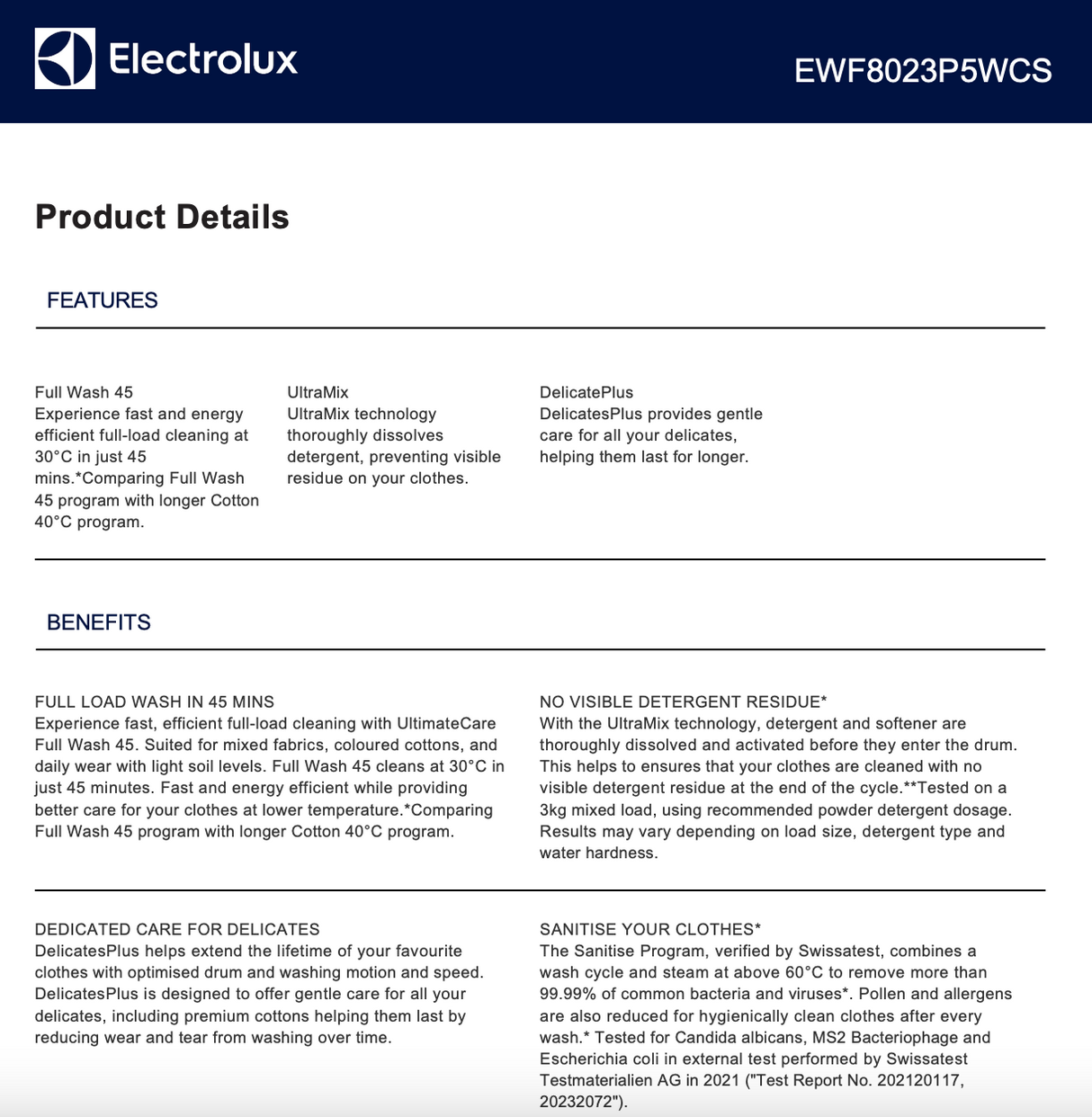 Electrolux EWF8023P5WCS 8kg Front Load Washing Machine - Electrolux Factory Seconds