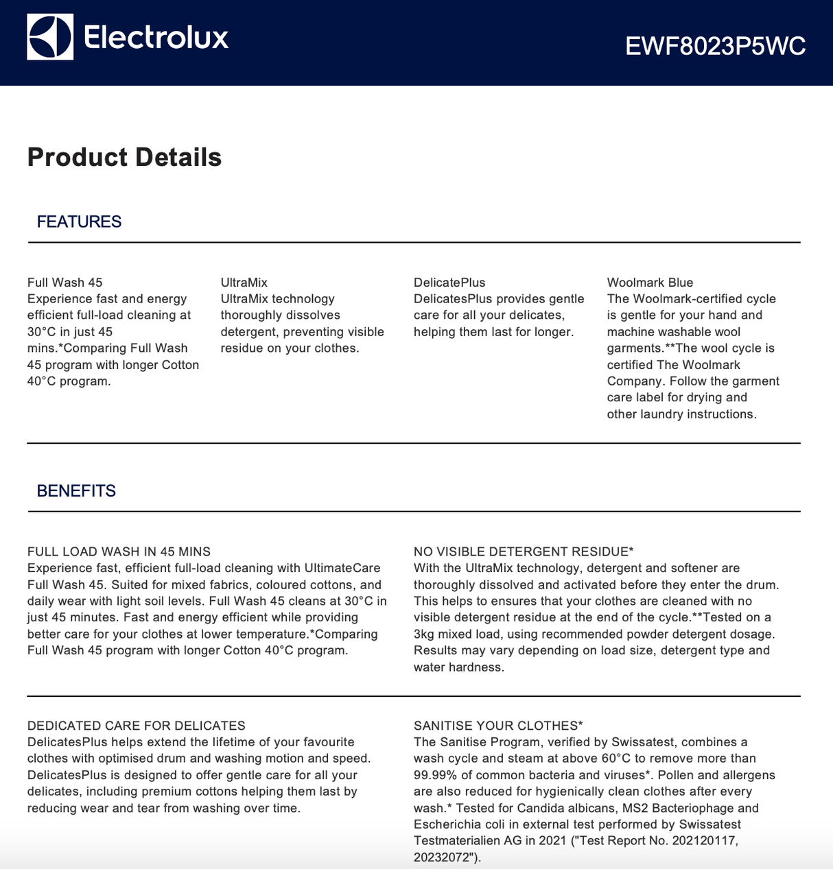 Electrolux EWF8023P5WC 8kg Front Load Washing Machine - Electrolux Factory Seconds