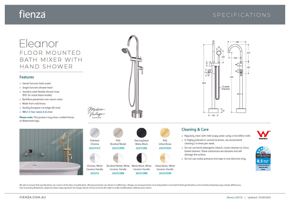 Fienza 202113BL Eleanor Floor Mixer & Shower Matte Black with Matte Black Handle