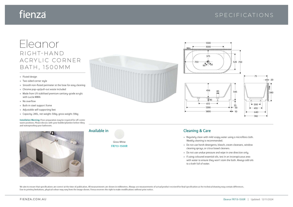 Fienza FR713-1500R Eleanor Fluted Right-Hand Acrylic Corner Bath, 1500mm