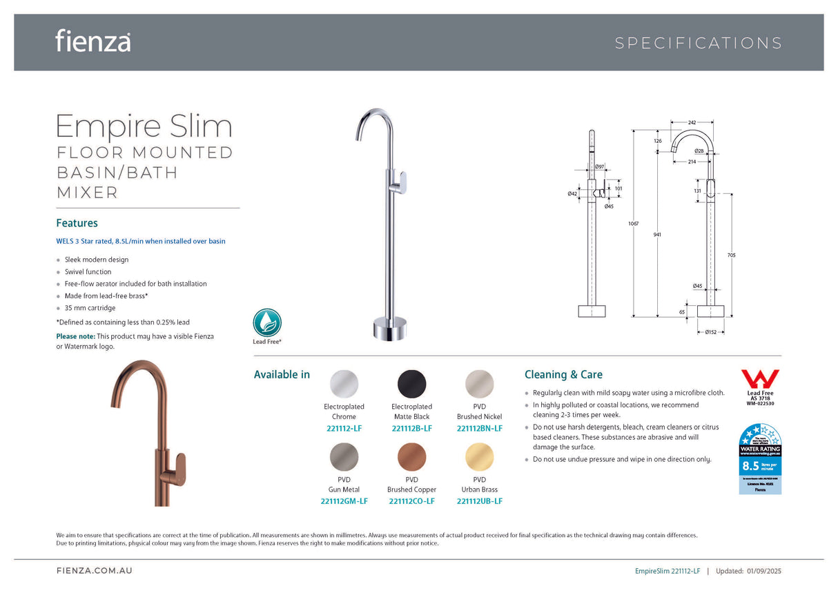 Fienza 221112B-LF Empire Slim Floor Mounted Basin/Bath Mixer Lead Free, Matte Black