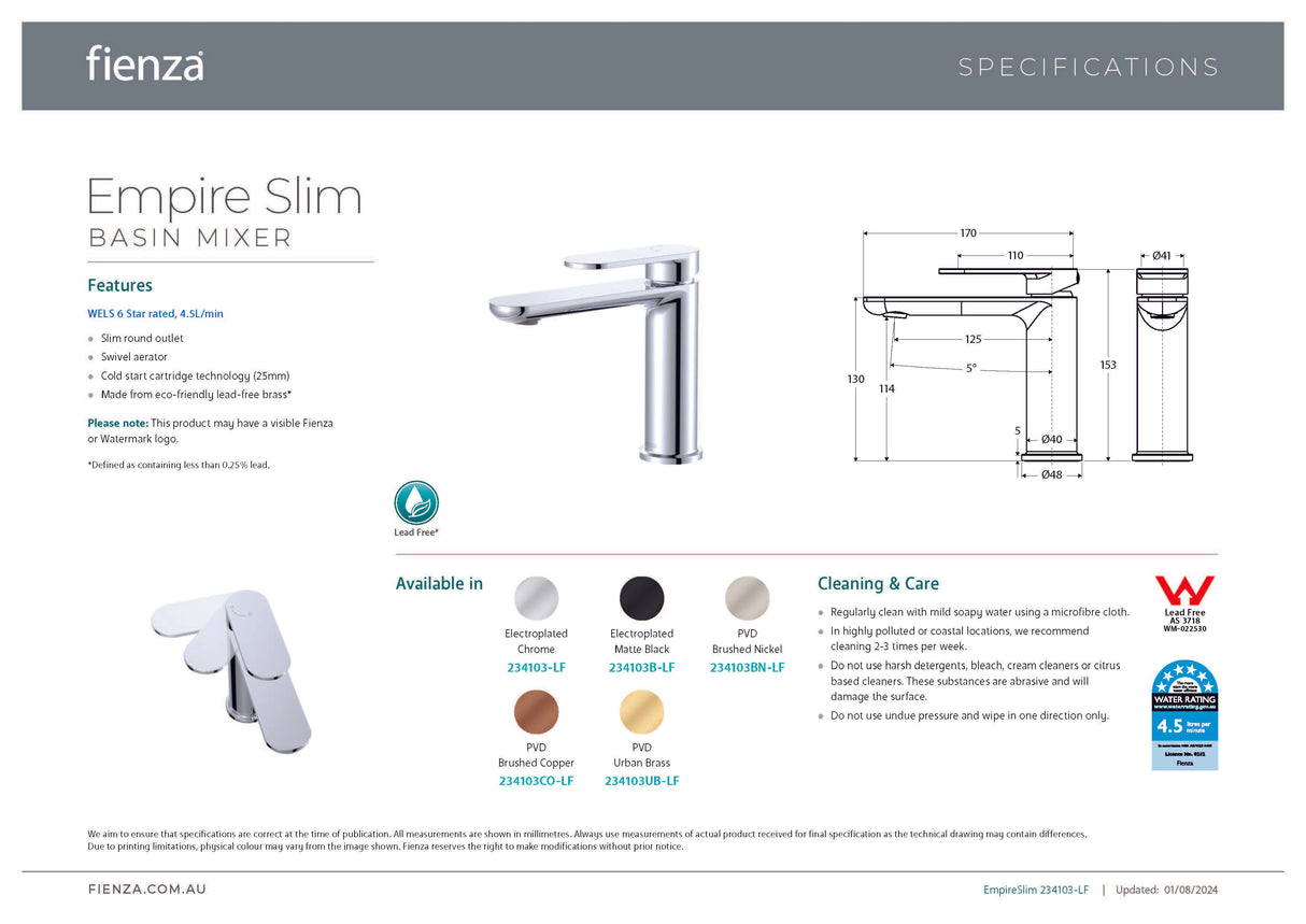 Empire Slim Cold Start Basin Mixer, Brushed Nickel 234103BN-LF