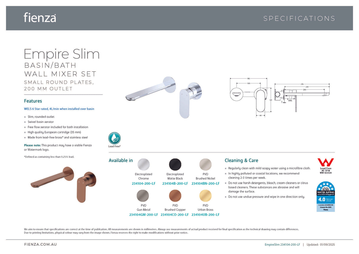 Fienza 234104UB-200-LF Empire Slim Basin/Bath Wall Mixer Set, Round Plates, 200mm Outlet, Lead Free, Urban Brass