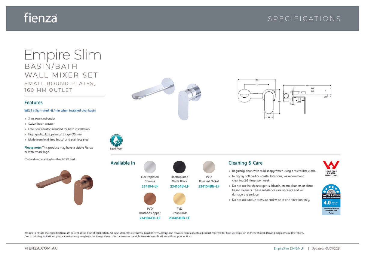 Fienza 234104CO-LF Empire Slim Basin/Bath Wall Mixer Set, Round Plates, 160mm Outlet, Lead Free, Brushed Copper