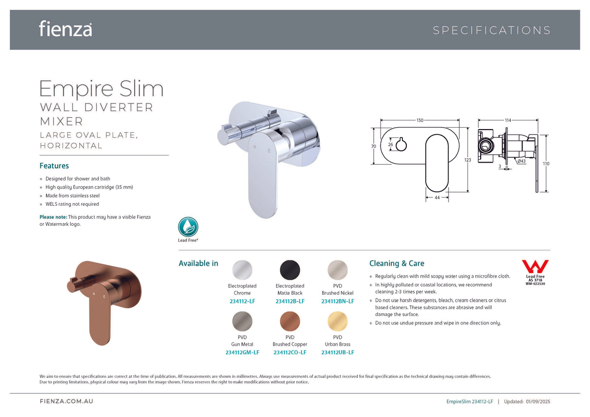Fienza 234112GM-LF Empire Slim Wall Diverter Mixer, Large Oval Plate, Horizontal, Lead Free, Gun Metal
