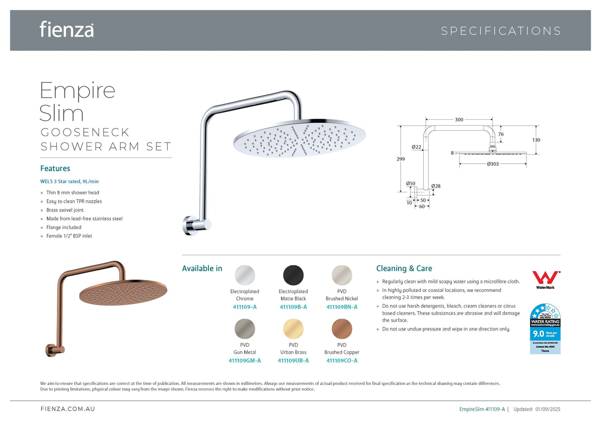 Fienza 411109GM-A Empire Slim Gooseneck Shower Arm Set, Gun Metal