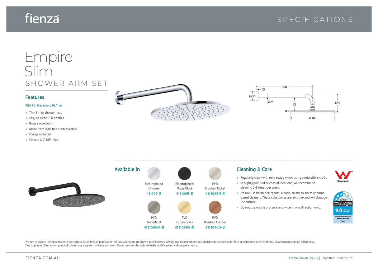Fienza 411109BN-B Empire Slim Shower Arm Set, Brushed Nickel
