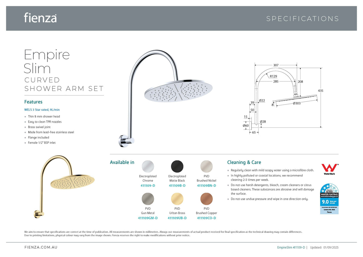 Fienza 411109GM-D Empire Slim Curved Shower Arm Set, Gun Metal
