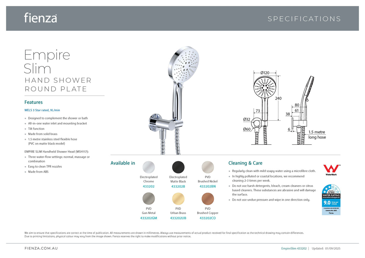 Fienza 433202CO Empire Slim Hand Shower, Round Plate, Brushed Copper