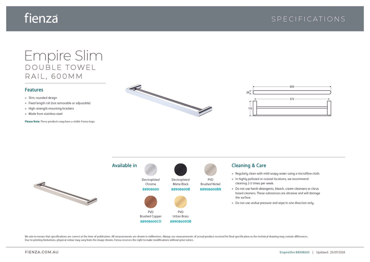 Fienza 88908600CO Empire Slim Double Towel Rail, 600mm, Brushed Copper