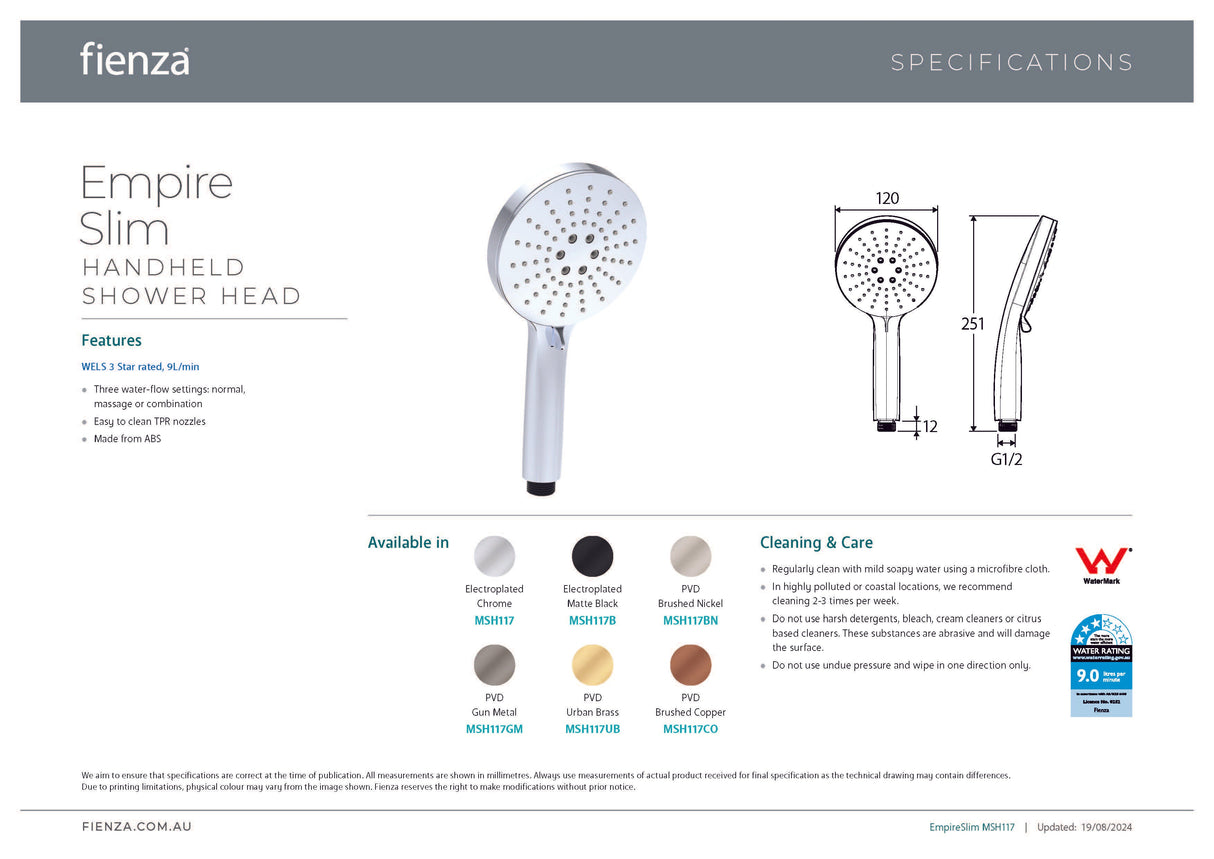Fienza MSH117 Empire Slim Handheld Shower Head 3 Function, Chrome