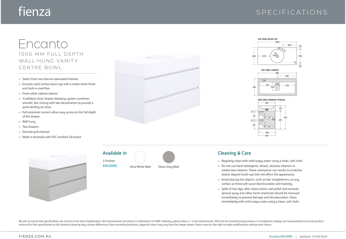 Fienza EN100WC Australian Made Encanto 1000 Wall Hung Vanity, Ultra White Matt