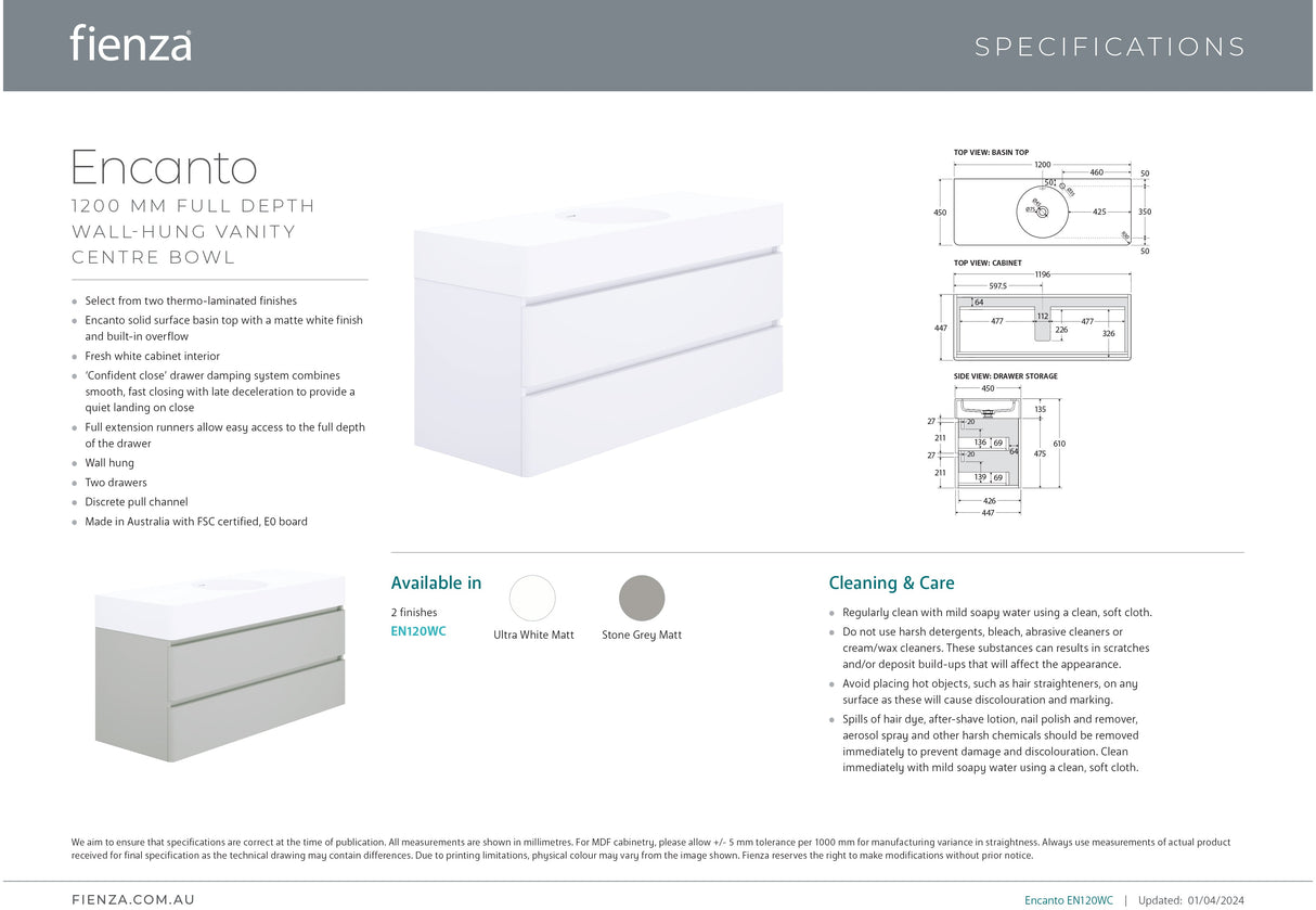 Fienza EN120WC Australian Made Encanto 1200 Centre Bowl Wall Hung Vanity, Stone Grey Matt