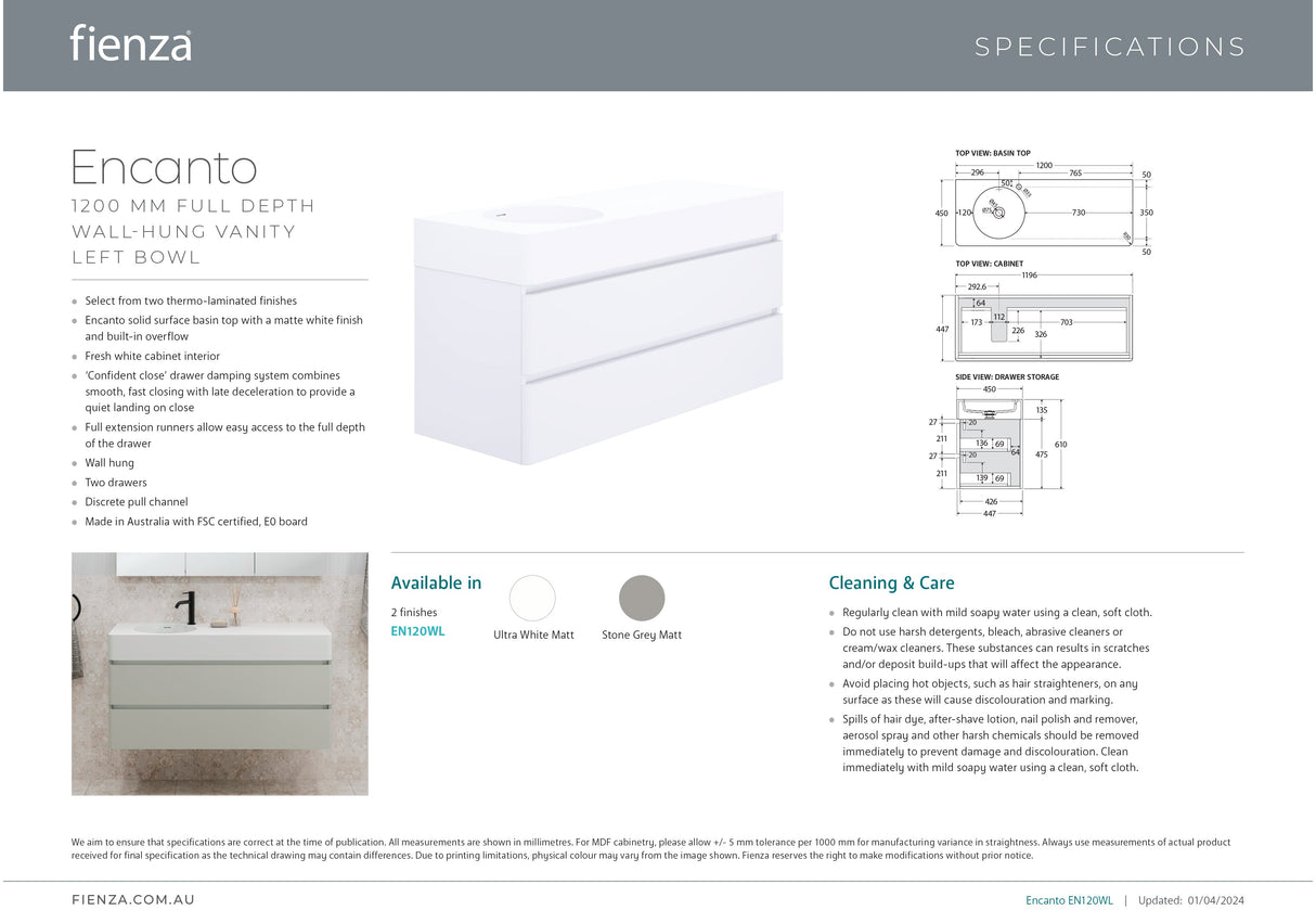 Fienza EN120WL Australian Made Encanto 1200 Left Bowl Wall Hung Vanity, Stone Grey Matt