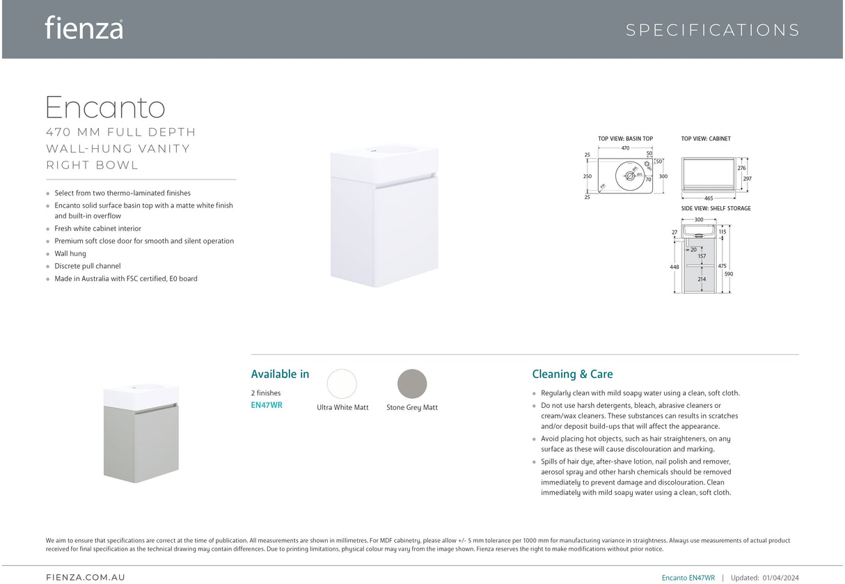 Fienza EN47WR Australian Made Encanto 470 Wall Hung Vantiy, Ultra White Matt