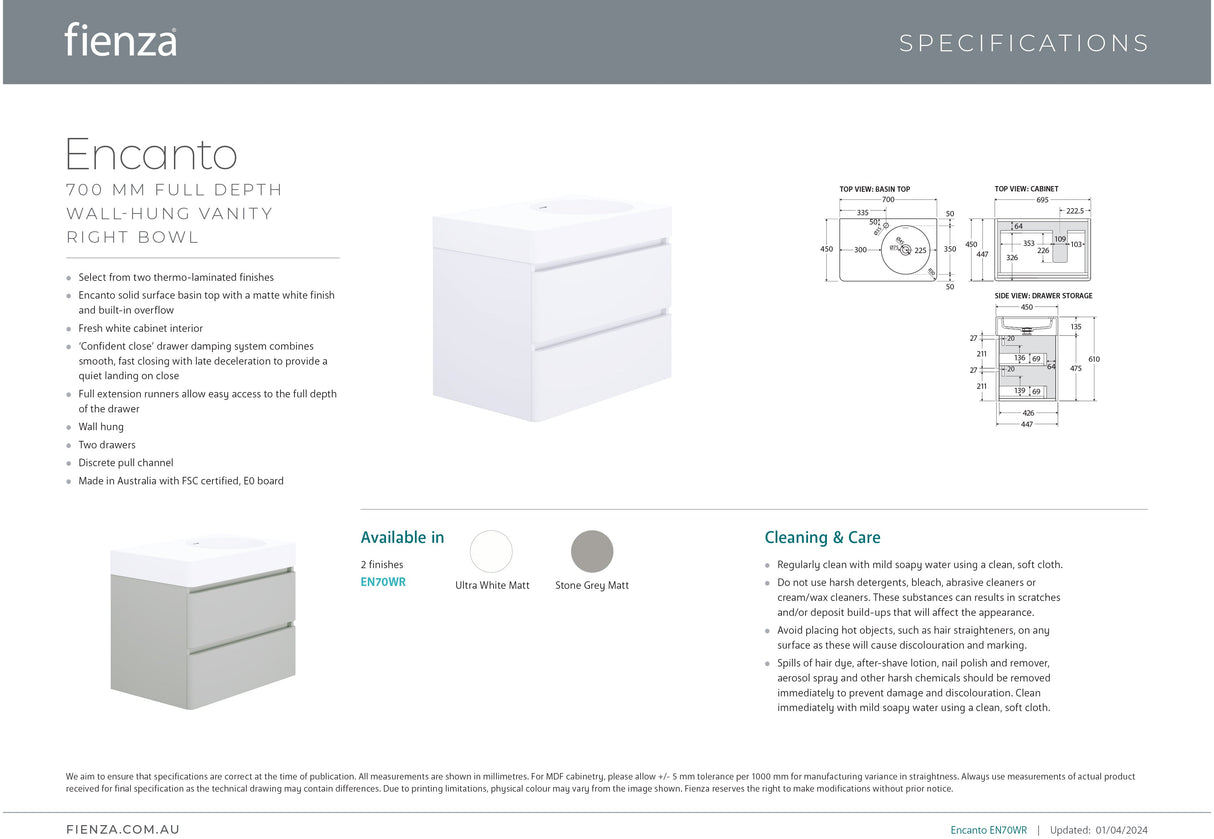 Fienza EN70WR Australian Made Encanto 700 Right Bowl Wall Hung Vanity, Stone Grey Matt