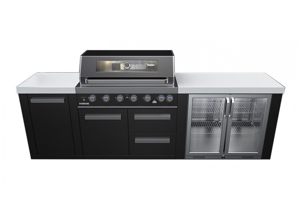 Everdure OS-6BIMLPC-21B+PK-5 Neo Black Outdoor Kitchen With BBQ, 208L Double Door Fridge and Storage