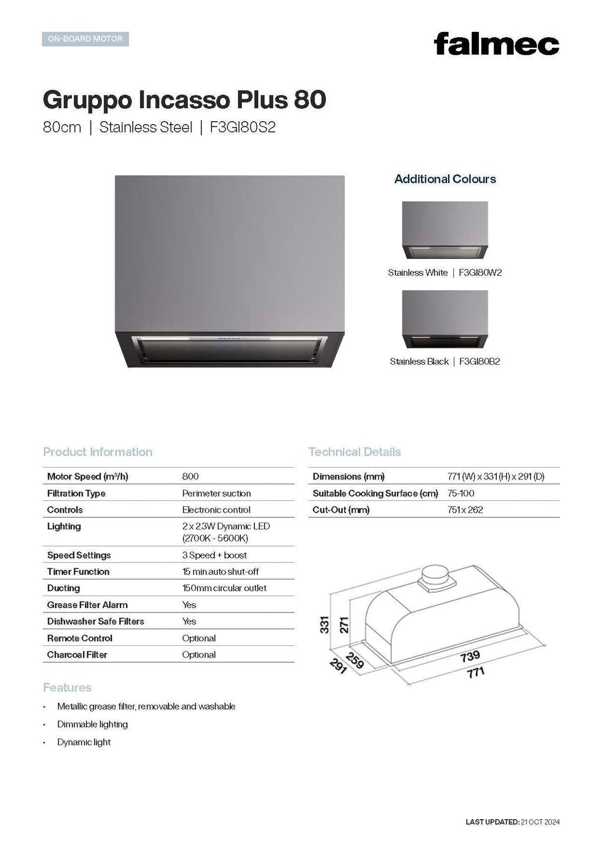 Falmec F3GI80W2 80cm Gruppo Incasso Concealed Rangehood, Stainless White, 800m3