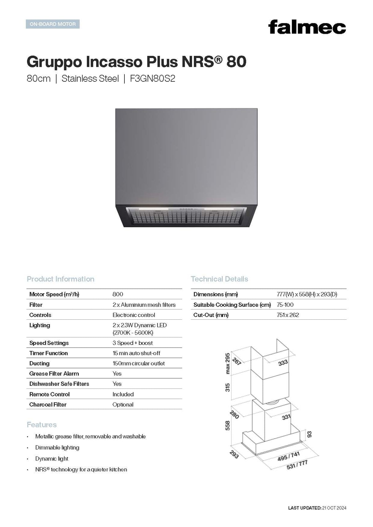 Falmec F3GN80S2 80cm Gruppo Incasso Plus NRS Undermount Rangehood, Stainless Steel, 800m3