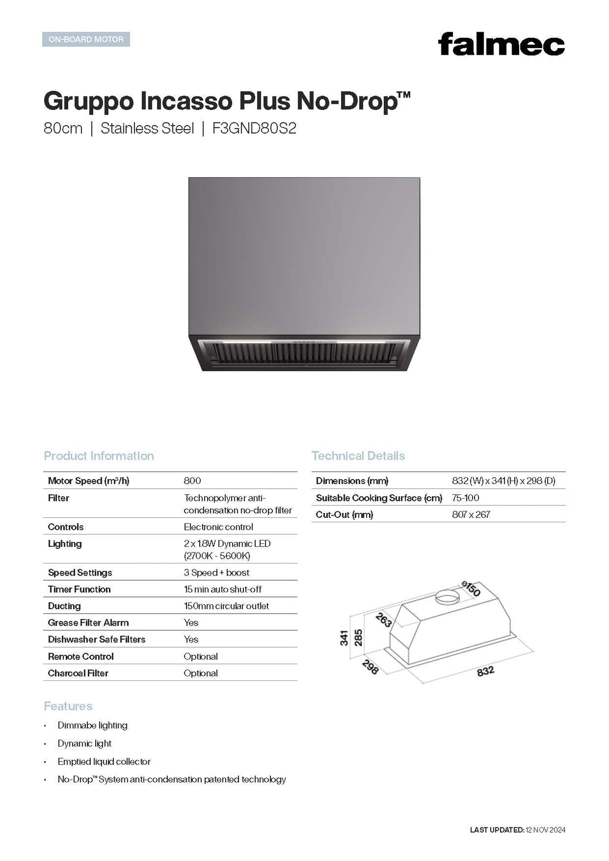 Falmec F3GND80S2 80cm Gruppo Incasso Plus No Drop Undermount Rangehood, Stainless Steel, 800m3