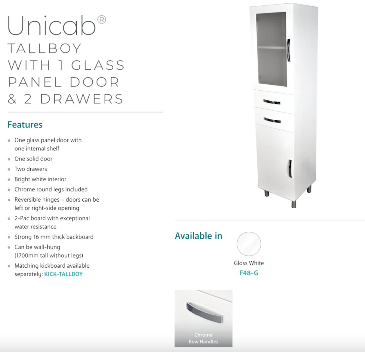 Fienza F48-G Unicab Tallboy 1 Glass Panel Door & 2 Drawers