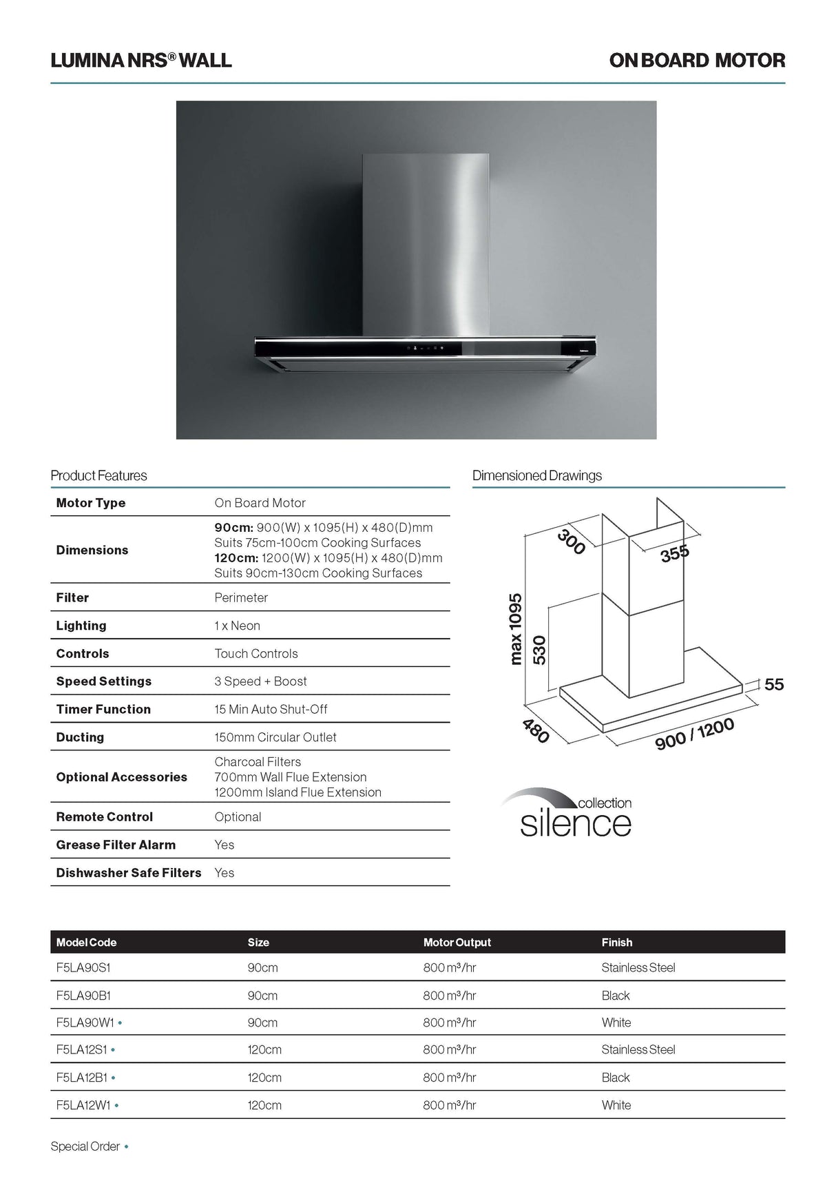 Falmec F5LA90B1 90cm Lumina NRS Canopy Rangehood, 800m3