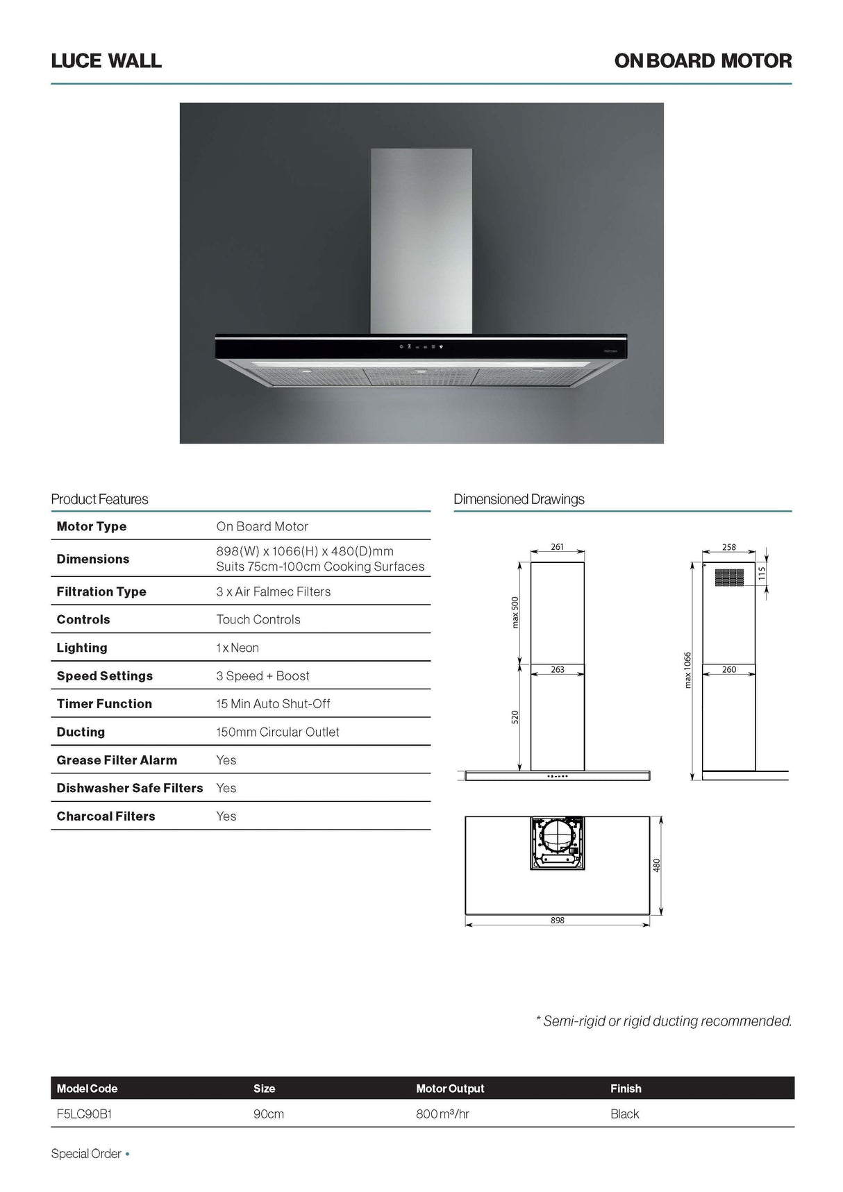 Falmec F5LC90B1 90cm Luce Canopy Stainless Steel Rangehood, 800m3